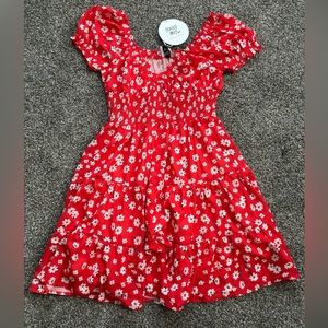 red with white flowers dress